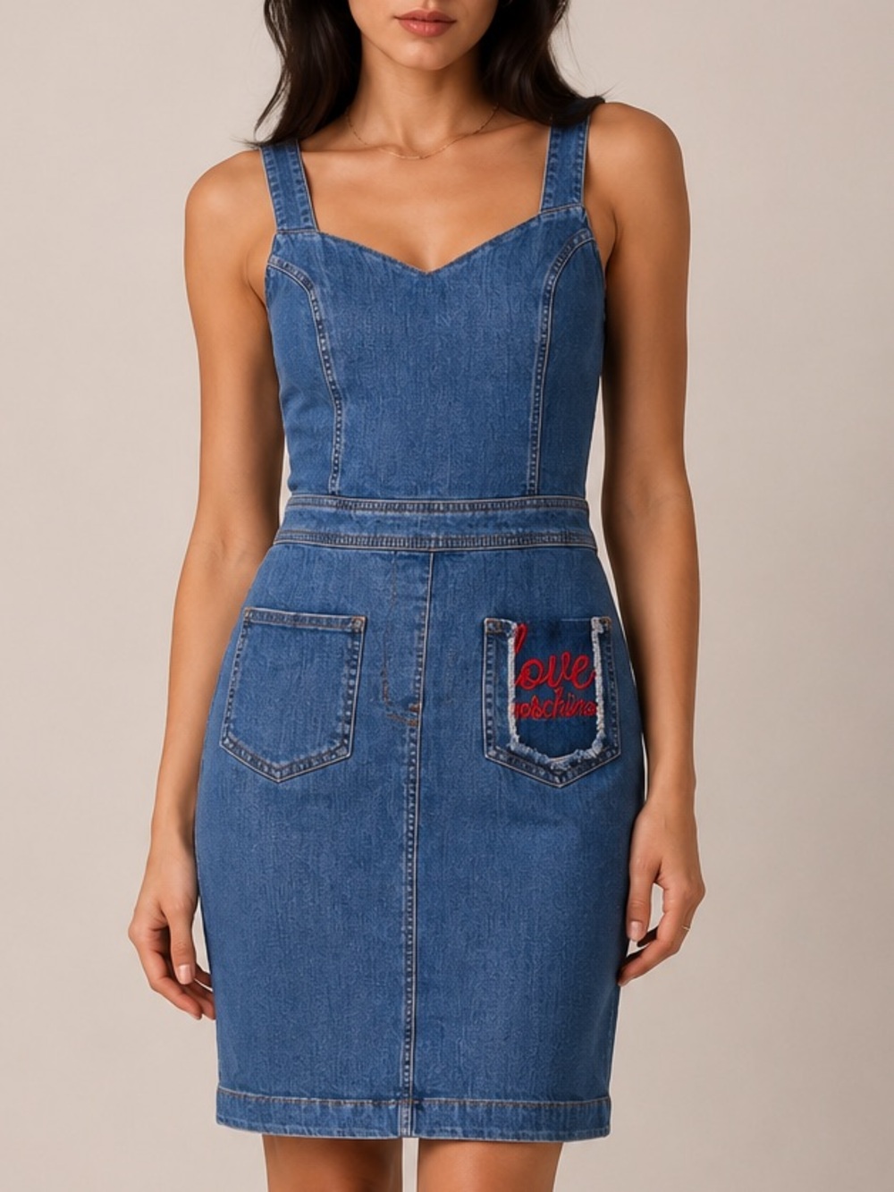 LOVE MOSCHINO Denim Bodycon Dress with Sweetheart Neckline (Size 8)